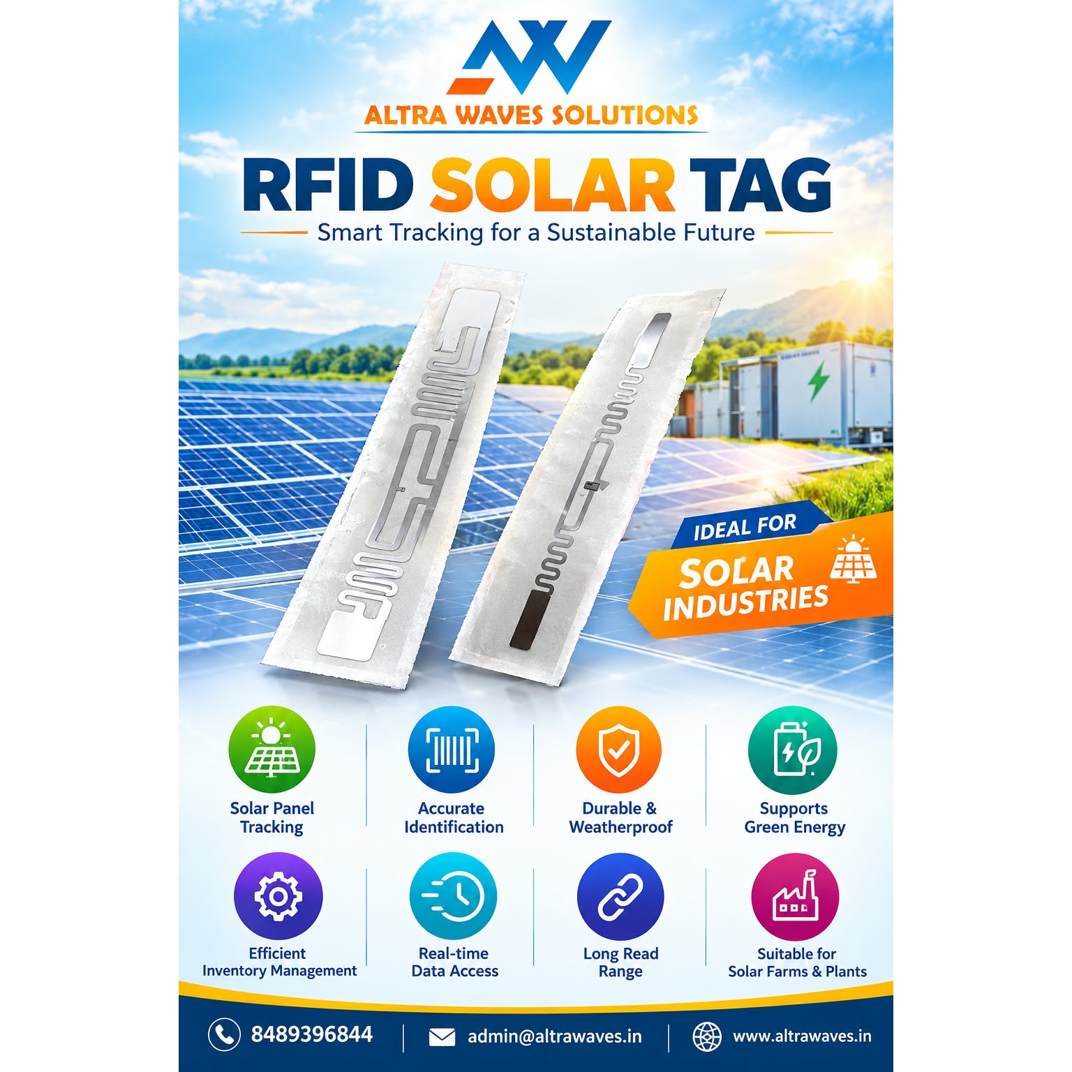 RFID solar tag attached to solar panel for identification and asset tracking